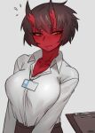  1girl black_hair blush breasts brown_skirt clipboard closed_mouth collared_shirt colored_skin embarrassed flying_sweatdrops horns id_card kidouko_(zakusi) large_breasts long_sleeves looking_at_viewer office_lady oni orange_eyes original red_oni red_skin shirt short_hair simple_background skirt slit_pupils solo symbol-only_commentary white_background white_shirt wing_collar zakusi 
