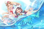  2girls absurdres afloat alternate_costume amane_(dragalia_lost) anklet bangs barefoot belt blonde_hair breasts brown_hair closed_eyes dragalia_lost earrings highres jewelry large_breasts multiple_girls official_alternate_costume open_mouth partially_submerged partially_underwater_shot ponytail ragnaveldt red_eyes sinoa swimsuit toeless_footwear wading yellow_eyes 