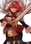  1girl absurdres breasts cosplay earrings falchion_(fire_emblem) fire_emblem fire_emblem_awakening headpiece highres jewelry large_breasts lucina_(fire_emblem) lucina_(fire_emblem)_(cosplay) pyra_(xenoblade) red_eyes red_hair short_hair simple_background solo sword tarbo_(exxxpiation) tiara weapon white_background xenoblade_chronicles_(series) xenoblade_chronicles_2 