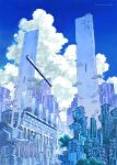  blue_sky building cityscape cloud commentary_request day ground_vehicle highres k_kanehira no_humans original outdoors scenery science_fiction sky train tree 