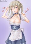  1girl anti_(untea9) apron blonde_hair blue_dress blue_eyes blush breasts cleavage dirndl dress eyebrows_visible_through_hair german_clothes gradient gradient_background graf_zeppelin_(kancolle) heart highres kantai_collection large_breasts long_hair one-hour_drawing_challenge open_mouth purple_background short_sleeves sidelocks solo sweatdrop twintails twitter_username v waist_apron white_apron 