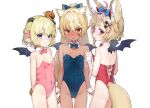 3girls ahoge animal_ear_fluff animal_ears ass ass_visible_through_thighs back bangs bare_legs bare_shoulders bat_wings blonde_hair blue_bow blue_leotard blush bow bowtie braid breasts cleavage clothing_cutout commentary_request covered_navel dark-skinned_female dark_skin detached_collar elf eyebrows_visible_through_hair facial_tattoo fox_ears fox_girl fox_tail hair_between_eyes hair_bow hair_ornament hairclip halloween high_ponytail highres hololive horns jack-o&#039;-lantern jack-o&#039;-lantern_hair_ornament leotard long_hair looking_at_viewer looking_back multicolored_hair multiple_girls omaru_polka oshiruko_(oshiruco_212048) pink_bow pink_hair pink_leotard playboy_bunny_leotard pointy_ears ponytail purple_eyes red_bow red_leotard sheep_ears sheep_girl sheep_horns shiranui_flare short_hair side_braid simple_background small_breasts standing strapless strapless_leotard streaked_hair sweat symbol-shaped_pupils tail tail_cutout tattoo tsunomaki_watame virtual_youtuber white_background wings younger 