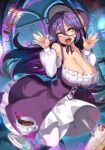  1girl breasts cake candle candlestand cleavage cup dress english_commentary eyebrows_visible_through_hair food gothic_lolita hair_between_eyes hat highres large_breasts lolita_fashion long_hair onigensou open_mouth original pantyhose purple_hair sharp_teeth solo teacup teeth telekinesis tongue tongue_out white_legwear yellow_eyes 