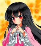  1girl bangs black_hair bow bowtie buttons closed_mouth frilled_shirt_collar frilled_sleeves frills houraisan_kaguya long_hair long_sleeves looking_at_viewer orange_background pink_shirt qqqrinkappp red_eyes shikishi shirt solo steepled_fingers touhou traditional_media upper_body white_bow white_bowtie wide_sleeves 