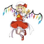  1girl absurdres asatsuki_(fgfff) ascot back_bow blonde_hair bloomers bow crystal eating eyebrows_visible_through_hair fang flandre_scarlet food frilled_shirt frilled_shirt_collar frilled_skirt frilled_sleeves frills full_body hat highres mary_janes medium_hair mob_cap open_mouth parody pocky puffy_short_sleeves puffy_sleeves red_bow red_eyes red_footwear red_skirt red_vest shirt shoes short_sleeves side_ponytail simple_background skirt skirt_set style_parody sugimori_ken_(style) touhou underwear vest white_background white_legwear white_shirt wings yellow_ascot 