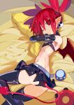  1girl black_gloves black_legwear commentary_request demon_girl demon_tail demon_wings disgaea earrings elbow_gloves etna gloves highres jewelry looking_at_viewer lying makai_senki_disgaea miniskirt miyakawa106 object_hug on_bed pillow pillow_hug pointy_ears red_eyes red_hair skirt skull_earrings solo stuffed_toy tail thighhighs twintails wings 