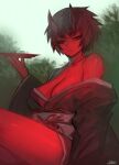  1girl bare_shoulders black_kimono breasts cleavage colored_skin cup hand_up holding holding_cup horns japanese_clothes kidouko_(zakusi) kimono large_breasts looking_at_viewer no_bra obi off_shoulder oni original parted_lips red_oni red_skin sakazuki sash signature sitting slit_pupils solo zakusi 