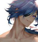  1boy blue_eyes blue_hair collarbone commentary_request dark-skinned_male dark_skin dated eyepatch face genshin_impact kaeya_(genshin_impact) long_hair looking_at_viewer male_focus ojo_aa one_eye_covered parted_lips portrait signature simple_background smile solo topless_male watermark white_background 