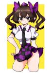  1girl black_necktie border breasts brown_hair buttons checkered checkered_skirt closed_mouth collared_shirt commentary_request cropped_legs eyebrows_visible_through_hair frilled_shirt_collar frills gaogaowaan hair_ribbon hand_on_hip hat himekaidou_hatate long_hair looking_at_viewer medium_breasts miniskirt necktie pointy_ears puffy_short_sleeves puffy_sleeves purple_eyes purple_ribbon purple_skirt ribbon shiny shiny_hair shirt short_sleeves simple_background skirt smile solo standing thighs tokin_hat touhou two_side_up upper_body white_shirt yellow_background 