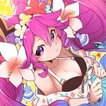  1girl bangs bare_shoulders bracelet breasts cleo_(dragalia_lost) closed_mouth dragalia_lost flower hair_flower hair_ornament highres jewelry large_breasts long_hair nakabayashi_zun official_alternate_costume pink_hair purple_eyes swimsuit twintails very_long_hair 