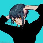  1boy black_sweater blue_hair commentary dated genshin_impact hands_on_own_head hands_up looking_at_viewer male_focus ojo_aa parted_lips short_hair signature solo sweater turtleneck turtleneck_sweater twitter_username upper_body xingqiu_(genshin_impact) yellow_eyes 