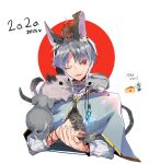  1boy 2020 animal animal_ears animal_on_head animal_on_shoulder bangs blue_capelet capelet cheese chinese_zodiac commentary_request food fuuga_(perv_rsity) genderswap genderswap_(ftm) gold_trim hamster highres holding holding_animal jewelry light_blush long_sleeves looking_to_the_side mouse mouse_ears mouse_tail nazrin on_head on_shoulder one_eye_closed open_mouth pendant red_eyes red_sun shirt short_hair silver_hair simple_background squirrel squirrel_ears squirrel_tail tail teeth touhou translation_request upper_body upper_teeth whiskers white_background white_shirt year_of_the_rat 