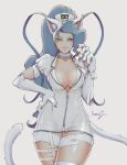  1girl animal_ears animal_hands asymmetrical_hair big_hair blue_eyes blue_hair breasts cat_ears cat_girl cat_tail cleavage closed_mouth collarbone cowboy_shot felicia_(vampire) hand_on_hip hat highres kumanz long_hair looking_at_viewer medium_breasts nurse nurse_cap plunging_neckline smile solo tail vampire_(game) white_fur zipper 