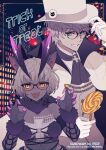  1boy 1girl alternate_color animal_ears black_dress claw_pose colored_skin cosplay dress dual_persona elbow_gloves fate/grand_order fate/grand_order_arcade fate_(series) fur-trimmed_gloves fur-trimmed_legwear fur_bikini fur_collar fur_trim genderswap glasses gloves grey_hair grey_skin halloween_costume hood hooded_jacket jacket jacques_de_molay_(fate) jacques_de_molay_(foreigner)_(fate) knights_templar lace-trimmed_legwear lace_trim mash_kyrielight mash_kyrielight_(dangerous_beast) mash_kyrielight_(dangerous_beast)_(cosplay) meiji_ken o-ring o-ring_top padded_coat revealing_clothes tail templar wolf_ears wolf_girl wolf_tail 