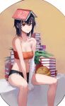  1girl absurdres arm_wrap bandeau bare_legs bare_shoulders basketball black_hair book book_on_head book_stack breasts brown_eyes cleavage closed_mouth collarbone commentary denim denim_shorts english_commentary feet_out_of_frame highres kanbaru_suruga looking_at_viewer mac_star medium_hair monogatari_(series) object_on_head orange_bandeau shorts sitting smile solo strapless tube_top 