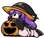  1girl bangs black_eyes black_headwear black_robe blue_bow blunt_bangs blush_stickers bow chibi commentary_request dress eichi_yuu full_body hair_bow halloween_costume hat jack-o&#039;-lantern jitome long_sleeves lowres patchouli_knowledge pink_dress pink_footwear purple_hair red_bow shoes simple_background sitting solo touhou wariza white_background wide_sleeves witch witch_hat 