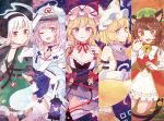  5girls :d :o ;d animal_ears arm_up bangs bare_shoulders bell belt black_belt black_hairband blonde_hair blue_background blue_belt blue_bow blue_bowtie blue_headwear blue_kimono blue_sleeves blue_vest blush bow bowtie breasts brown_eyes brown_hair bug butterfly cat_ears cat_tail chen cherry_blossoms choker closed_mouth collar column_lineup dress earrings eyebrows_visible_through_hair fox_ears fox_tail from_side gloves green_background green_dress green_headwear hair_bow hairband hand_up hands_up hat hat_bow hitodama hitodama_print japanese_clothes jewelry katana kimono konpaku_youmu lantern long_hair long_sleeves looking_at_viewer medium_breasts mob_cap mozukuzu_(manukedori) multiple_girls multiple_tails nail_polish neck_bell nekomata one_eye_closed open_mouth orange_background paw_pose pillow_hat pink_eyes pink_hair purple_background purple_dress purple_eyes red_bow red_choker red_dress red_eyes ribbon_choker saigyouji_yuyuko short_hair short_sleeves silver_hair single_earring smile standing sword tail thighhighs touhou twitter_username two_tails vest weapon white_bow white_bowtie white_collar white_dress white_gloves white_headwear white_legwear white_sleeves yakumo_ran yakumo_yukari yellow_eyes zettai_ryouiki 