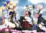  4girls ahoge armor armored_dress artoria_pendragon_(caster)_(fate) artoria_pendragon_(fate) baggy_pants bangs bare_shoulders black_bow black_dress black_footwear black_gloves black_legwear blonde_hair blue_bow blue_eyes blue_sky blush boots bow braid breasts button_eyes buttons center_opening cleavage cleavage_cutout closed_eyes clothing_cutout dress elbow_gloves fate/grand_order fate_(series) field flower flower_field flower_wreath foo_(pixiv54892036) french_braid gloves green_eyes grey_hair habetrot_(fate) hair_bow hat head_wreath highres hood hooded_jacket jacket kneeling large_breasts light_purple_hair long_hair long_sleeves looking_at_viewer mash_kyrielight medium_breasts morgan_le_fay_(fate) multiple_girls open_mouth pants pelvic_curtain pink_hair pink_headwear pink_jacket pointy_ears ponytail purple_gloves red_eyes seiza short_hair sidelocks sitting sky small_breasts smile sword thigh_boots thigh_strap thighhighs thighs twintails two-tone_dress very_long_hair weapon white_dress white_pants wide_sleeves 