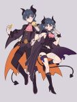  1boy 1girl alternate_costume ascot bandaged_arm bandaged_leg bandages bangs belt black_belt black_cape black_footwear black_horns black_jacket black_shirt black_shorts blue_eyes blue_hair blush boots breasts buttons byleth_(fire_emblem) byleth_(fire_emblem)_(female) byleth_(fire_emblem)_(male) byleth_(fire_emblem)_(male)_(cosplay) candy cape closed_mouth commentary cosplay curled_horns demon_boy demon_costume demon_girl demon_horns demon_tail demon_wings do_m_kaeru eyebrows_visible_through_hair fake_horns fake_tail fake_wings fire_emblem fire_emblem:_three_houses fire_emblem_heroes food food_in_mouth full_body gloves grey_background hair_between_eyes halloween halloween_costume hand_on_hip high_heel_boots high_heels holding holding_candy holding_food holding_lollipop horns jacket knife leg_up lollipop long_hair long_sleeves looking_at_viewer medium_breasts midriff_peek navel official_alternate_costume open_clothes open_jacket pants pink_neckwear sheath sheathed shirt short_hair short_shorts shorts simple_background sleeveless sleeveless_shirt smile striped striped_jacket striped_shirt symbol-only_commentary tail thighs torn_cape torn_clothes white_gloves wings 