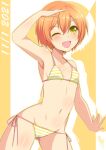  1girl absurdres armpits ass_visible_through_thighs bangs bikini birthday blush breasts bunji collarbone commentary dated eyebrows_visible_through_hair highres hoshizora_rin looking_at_viewer love_live! love_live!_school_idol_project one_eye_closed orange_hair salute shiny shiny_hair shiny_skin signature small_breasts solo striped striped_bikini swimsuit yellow_eyes 