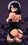  1girl absurdres anus ass bayonetta bayonetta_(series) bayonetta_3 black-framed_eyewear black_gloves black_hair black_legwear breasts demon_girl demon_tail demon_wings elbow_gloves english_commentary from_behind glasses gloves highres long_hair looking_at_viewer looking_back medium_breasts mole mole_under_mouth multicolored_hair nipples pussy skullworms solo streaked_hair tail thighhighs uncensored wings 