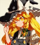  1girl black_headwear black_vest blonde_hair bow braid closed_mouth eyebrows_visible_through_hair green_ribbon hair_ribbon hand_on_headwear hat hat_bow kirisame_marisa long_hair looking_at_viewer one_eye_closed puffy_short_sleeves puffy_sleeves qqqrinkappp ribbon shikishi shirt short_sleeves signature single_braid smile solo touhou traditional_media upper_body vest white_background white_bow white_shirt witch_hat 