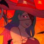  1girl bandaged_arm bandaged_neck bandages blurry blurry_foreground breasts cleavage eyepatch eyeshadow gradient_hair hat highres koyorin long_hair looking_at_viewer makeup medium_breasts multicolored_hair original red_eyes smile solo symbol-shaped_pupils upper_body witch_hat 