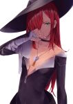  1girl absurdres bandaged_arm bandages breasts cleavage collarbone flat_chest green_eyes hair_over_one_eye halloween hat highres jewelry long_hair necklace noraico off_shoulder original red_hair white_background witch_hat zipper zipper_dress 
