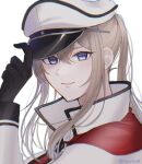  1girl ayuko91 black_gloves blonde_hair capelet closed_mouth commentary_request eyebrows_visible_through_hair gloves graf_zeppelin_(kancolle) hair_between_eyes hat highres kantai_collection long_hair long_sleeves peaked_cap portrait purple_eyes simple_background solo white_background white_headwear 