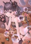  1girl :o animal_ear_fluff animal_ears animal_hands bangs bikini blush bow brown_bikini brown_hair bubble cat_ears cat_paws cat_tail commentary_request eyebrows_visible_through_hair ghost hair_ornament halloween highres namikishiho original parted_lips pumpkin solo swimsuit tail tail_bow tail_ornament 