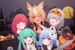  5girls :d ;d absurdres ahoge animal_ear_fluff animal_ears bangs basket bat_hair_ornament black_choker black_cloak black_headwear blonde_hair blue_hair blush candy chainsaw choker claw_pose cloak closed_eyes coin collared_shirt commentary double_bun english_commentary eyebrows_visible_through_hair fangs fingernails food full_moon gold_bar gradient_hair green_hair grin hair_between_eyes hair_ornament halloween halloween_bucket happy_halloween hat heterochromia highres hockey_mask holding holding_basket holding_chainsaw hololive hololive_fantasy houshou_marine long_hair mask mask_on_head moon multicolored_hair multiple_girls one_eye_closed open_mouth pirate_hat pointy_ears pumpkin_mask purple_hair rabbit_ears red_eyes red_hair sharp_fingernails shiranui_flare shirogane_noel shirt silver_hair smile streaked_hair tang-du thick_eyebrows torn_clothes treasure_chest uruha_rushia usada_pekora v-shaped_eyebrows virtual_youtuber white_hair white_shirt yellow_eyes 