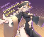  10mo 1girl absurdres blonde_hair blue_eyes braid breasts cleavage fate/grand_order fate_(series) halloween hat highres jeanne_d&#039;arc_(fate) jeanne_d&#039;arc_(fate/apocrypha) jiangshi large_breasts long_hair looking_at_viewer navel solo very_long_hair wide_sleeves 