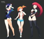  3girls areolae ass asymmetrical_hair bare_arms blue_eyes blue_hair blush breasts commentary_request eyelashes green_eyes gun hair_tie highres holding jenny_(pokemon) jessie_(pokemon) large_breasts ledy legs lingerie long_hair misty_(pokemon) multiple_girls navel nipples no_bra orange_hair poke_ball pokemon pokemon_(anime) pokemon_(classic_anime) ponytail purple_eyes red_eyes red_hair short_hair short_shorts shorts side_ponytail skindentation suspenders thong tied_hair underwear weapon 