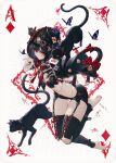  1girl absurdres ace_of_diamonds alice_in_wonderland animal_ear_fluff animal_ears bangs barefoot bell black_cat black_gloves black_hair breasts bug butterfly card card_(medium) cat cat_ears cat_girl cat_tail character_name cheshire_cat_(alice_in_wonderland) cleavage commentary ears_through_headwear english_commentary eyebrows_visible_through_hair fingernails full_body garter_straps gloves hair_between_eyes highres hood hood_up looking_at_viewer medium_breasts nail_polish navel original photoshop_(medium) playing_card playing_card_theme purple_butterfly red_eyes red_nails ribbon short_hair simple_background single_glove solo tail tail_bell tail_ornament tail_ribbon thigh_gap wanke zipper 