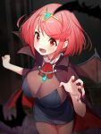  1girl alternate_costume bangs bat bat_wings breasts chest_jewel commentary_request earrings fangs green322 halloween highres jewelry large_breasts pyra_(xenoblade) red_eyes red_hair short_hair solo swept_bangs vampire wings xenoblade_chronicles_(series) xenoblade_chronicles_2 