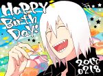  1boy :d bangs black_shirt closed_mouth fingernails hair_between_eyes happy_birthday holding holding_spoon hoozuki_suigetsu medium_hair naruto_(series) naruto_shippuuden ninja open_mouth polo_shirt sharp_teeth shirt smile solo spoon teeth white_hair yazakc 