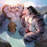  2boys abs animal_ears bara black_hair blush bulge cross_scar fundoshi furry furry_male furry_with_furry grey_fur highres japanese_clothes large_pectorals looking_at_another male_focus male_underwear mixvariety multiple_boys muscular muscular_male nipples onsen orange_fur pang_(sdorica) partially_submerged pectorals red_male_underwear scar scar_on_chest sdorica short_hair sitting stomach sunlight sunrise thick_eyebrows thick_thighs thighs tiger_boy tiger_ears topless_male towel towel_on_head underwear whistle whistle_around_neck yao_(sdorica) 