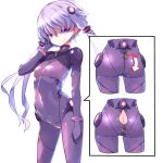  1girl ass ass_visible_through_thighs bangs bodysuit breasts bright_pupils closed_mouth covered_navel cowboy_shot crotch_zipper eyebrows_visible_through_hair gloves hair_tubes highres inset looking_at_viewer neon_genesis_evangelion plugsuit pon_(shind_997) purple_gloves short_hair_with_long_locks sidelocks simple_background small_breasts smile solo vocaloid voiceroid white_background yuzuki_yukari zipper 