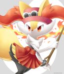  bracelet braixen closed_mouth clothed_pokemon commentary_request cosplay eyewear_on_headwear fire hand_up hat hatted_pokemon highres holding holding_stick jewelry looking_to_the_side orange_eyes orange_skirt pink_headwear pleated_skirt pokemon pokemon_(creature) pokemon_(game) pokemon_xy sasabunecafe serena_(pokemon) serena_(pokemon)_(cosplay) skirt solo stick sunglasses twitter_username white-framed_eyewear white_fur 
