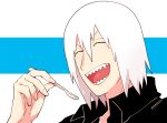  1boy :d bangs black_shirt closed_mouth fingernails hair_between_eyes holding holding_spoon hoozuki_suigetsu medium_hair naruto_(series) naruto_shippuuden ninja open_mouth polo_shirt sharp_teeth shirt smile solo spoon teeth white_background white_hair yazakc 