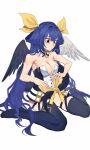  1girl angel_wings armpit_peek asymmetrical_wings bare_shoulders belt black_legwear blue_hair blush breasts choker cleavage dizzy_(guilty_gear) dressing enryoooo guilty_gear guilty_gear_xrd hair_between_eyes hair_ribbon hair_rings highres large_breasts long_hair monster_girl multiple_belts red_eyes ribbon simple_background sitting solo tail tail_ornament tail_ribbon thick_eyelashes thigh_strap thighhighs twintails tying white_background wings 