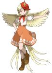  1girl absurdres alternate_color animal_on_head asatsuki_(fgfff) bird bird_on_head bird_tail bird_wings blonde_hair boots brown_footwear chick chicken closed_mouth dress feathered_wings highres multicolored_hair niwatari_kutaka on_head orange_dress orange_eyes parody pokemon puffy_short_sleeves puffy_sleeves red_hair red_neckwear red_ribbon ribbon shiny_pokemon shirt short_hair short_sleeves simple_background smile standing standing_on_one_leg style_parody sugimori_ken_(style) tail tail_feathers torchic touhou two-tone_hair white_background white_shirt wings yellow_wings 