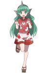  1girl absurdres aqua_hair asatsuki_(fgfff) blush buttons cloud_print commentary_request curly_hair eyebrows_visible_through_hair eyelashes fang full_body geta green_eyes heart highres horns kariyushi_shirt komainu komano_aunn long_hair nail_polish open_mouth parody paw_pose red_shirt shirt short_hair shorts simple_background single_horn style_parody sugimori_ken_(style) thick_eyebrows touhou white_background white_shorts 