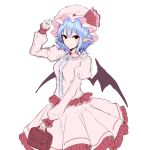  1girl bag bangs bat_wings blue_hair center_frills commentary frilled_shirt_collar frilled_skirt frills hair_between_eyes hat highres juliet_sleeves junior27016 long_sleeves looking_at_viewer mob_cap pink_headwear pink_shirt pink_skirt pointy_ears puffy_sleeves red_eyes remilia_scarlet shirt short_sleeves simple_background sketch skirt smile solo touhou white_background wings 