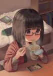  1girl :t bangs bed bedroom beige_shirt black-framed_eyewear black_hair blunt_bangs blush book bookshelf cellphone chopsticks commentary_request cup cup_noodle cup_ramen disposable_cup eating eyebrows_visible_through_hair food food_in_mouth game_console glasses highres holding holding_chopsticks holding_cup indoors long_sleeves looking_at_viewer medium_hair mimikaki_(men_bow) nintendo_switch noodles open_clothes original pajamas phone playing_games purple_eyes ramen robe semi-rimless_eyewear shirt smartphone solo table tareme thick_eyebrows under-rim_eyewear upper_body wavy_mouth white_shirt 