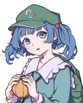  1girl absurdres backpack bag bangs blue_eyes blue_hair blue_shirt blush_stickers collarbone collared_shirt commentary flat_cap frilled_shirt_collar frills green_headwear hair_bobbles hair_ornament hat highres holding kame_(kamepan44231) kawashiro_nitori key long_sleeves medium_hair pumpkin shirt short_twintails sidelocks simple_background solo touhou twintails two_side_up white_background 