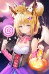  1girl =_= animal_ear_fluff animal_ears animal_on_head bangs bare_shoulders black_wings blonde_hair bow breasts brown_eyes candle candy cleavage closed_eyes closed_mouth collarbone commentary crescent_moon demon_wings detached_sleeves eyebrows_visible_through_hair fire food fox fox_ears fox_girl fox_tail hair_between_eyes hair_ornament hands_up holding holding_candy holding_food holding_lollipop jack-o&#039;-lantern lollipop long_sleeves looking_at_viewer moon murano on_head original pink_bow pink_sleeves purple_skirt skirt small_breasts smile solo swirl_lollipop tail tail_raised wings 