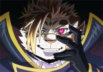  1boy black_gloves brown_hair character_request code_geass cosplay evil_smile fang furry furry_male gloves grin hair_strand lelouch_lamperouge lelouch_lamperouge_(cosplay) looking_at_viewer male_focus rossciaco round_eyewear short_hair smile solo tokyo_afterschool_summoners upper_body 