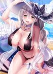  1girl aquila_(a_sip_of_sardegnian_elegance)_(azur_lane) aquila_(azur_lane) azur_lane bangs bare_arms beach bikini black_bikini blue_sky braid breasts choker cleavage cloud collarbone commentary_request covered_nipples day eyebrows_visible_through_hair green_eyes hair_ornament hair_ribbon hat highres jewelry large_breasts lens_flare long_hair mountainous_horizon navel necklace ocean official_alternate_costume open_mouth outdoors ribbon silver_hair sitting sky smile solo sun_hat swimsuit teeth thigh_strap thighs wet yuuzuki_hijiri 