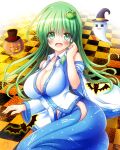  1girl bangs bare_shoulders blush breasts checkered checkered_floor cleavage commentary_request detached_sleeves eyebrows_visible_through_hair frog_hair_ornament ghost green_eyes green_hair hair_between_eyes hair_ornament hair_spread_out hairclip halloween hat highres jack-o&#039;-lantern japanese_clothes kochiya_sanae large_breasts long_sleeves looking_at_viewer lying miko on_floor open_mouth osashin_(osada) side_slit snake_hair_ornament solo tearing_up top_hat touhou wide_sleeves witch_hat yukkuri_shiteitte_ne 